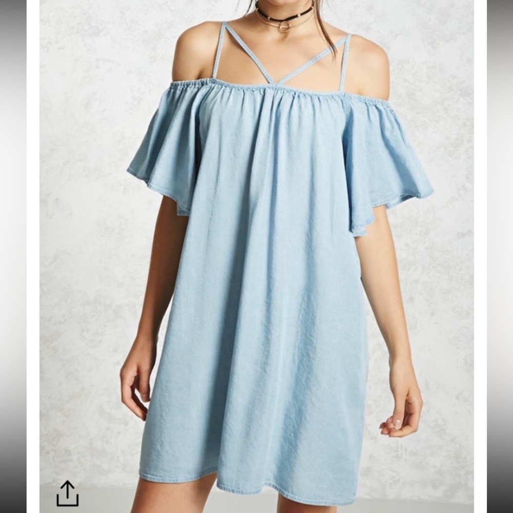 Strappy open shoulder blue dress